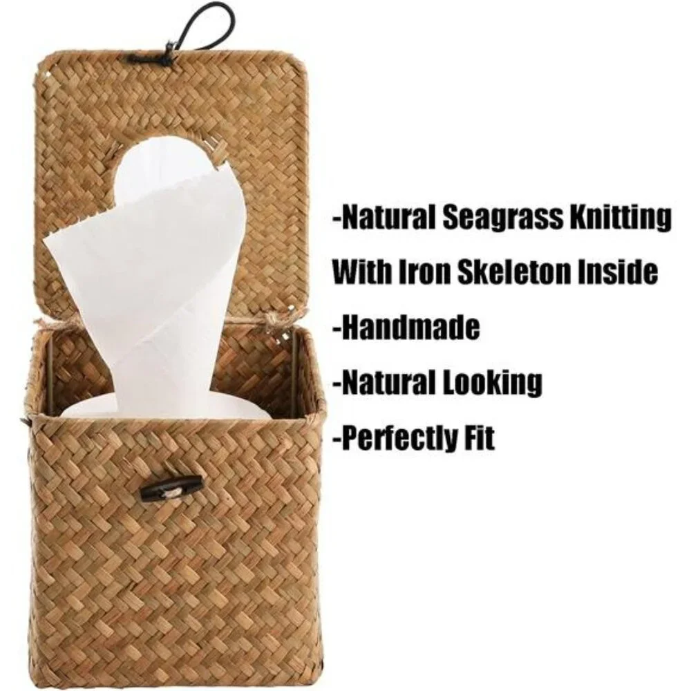 Seagrass tissue box cover set of 2 woven rattan tissue holder bathroom bedroom